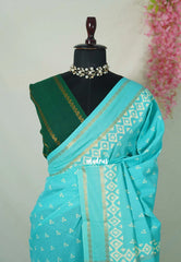 Cyan Blue - Subbulakshmi - Sungudi 100 Count Saree with Rettapetta Rudraksham Border Ayutha ezhuthu Buttas with Blouse Combo - Best for Casual Wear | Summer Wear | School | College | Office wear