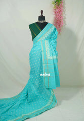 Cyan Blue - Subbulakshmi - Sungudi 100 Count Saree with Rettapetta Rudraksham Border Ayutha ezhuthu Buttas with Blouse Combo - Best for Casual Wear | Summer Wear | School | College | Office wear