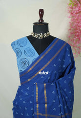 Cobalt Blue with Hakoba - Subbulakshmi - Sungudi 100 Count Saree with Rettapetta Rudraksham Border Ayutha ezhuthu Buttas with Cut work Blouse Combo - Best for Casual Wear | Summer Wear | School | College | Office wear