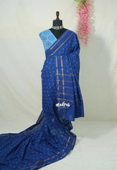 Cobalt Blue with Hakoba - Subbulakshmi - Sungudi 100 Count Saree with Rettapetta Rudraksham Border Ayutha ezhuthu Buttas with Cut work Blouse Combo - Best for Casual Wear | Summer Wear | School | College | Office wear