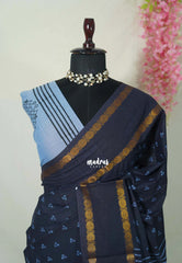 Midnight Blue - Subbulakshmi - Sungudi 100 Count Saree with Rettapetta Rudraksham Border Ayutha ezhuthu Buttas with Blouse Combo - Best for Casual Wear | Summer Wear | School | College | Office wear