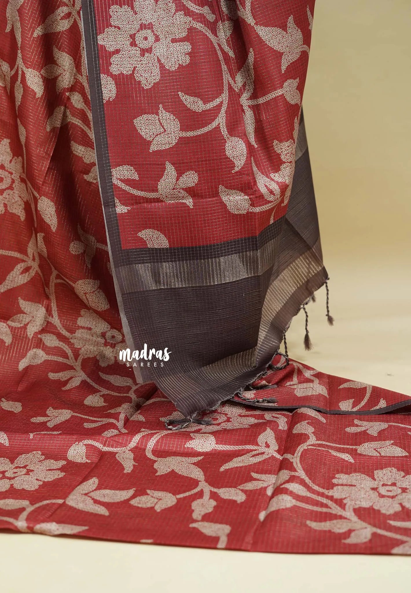 Rust Red - Sundari – Premium Kota Tussar Silk Saree with floral prints body
