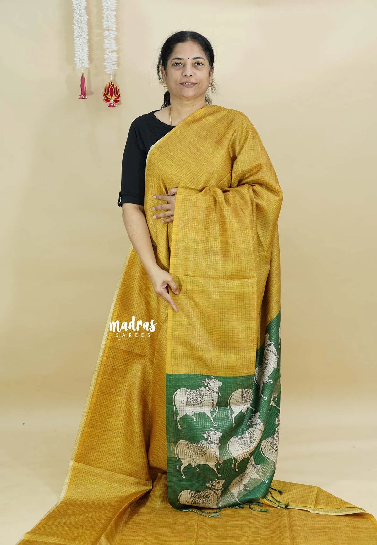 Mustard Yellow - Sundari – Premium Kota Tussar Silk Saree with Pichwai Cow Printed pallu and blouse