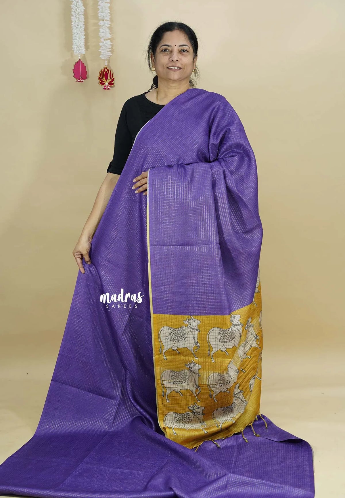 Royal Purple - Sundari – Premium Kota Tussar Silk Saree with Pichwai Cow Printed pallu and blouse
