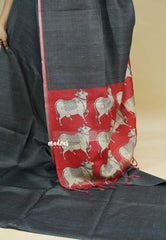 Deep Grey - Sundari – Premium Kota Tussar Silk Saree with Pichwai Cow Printed pallu and blouse