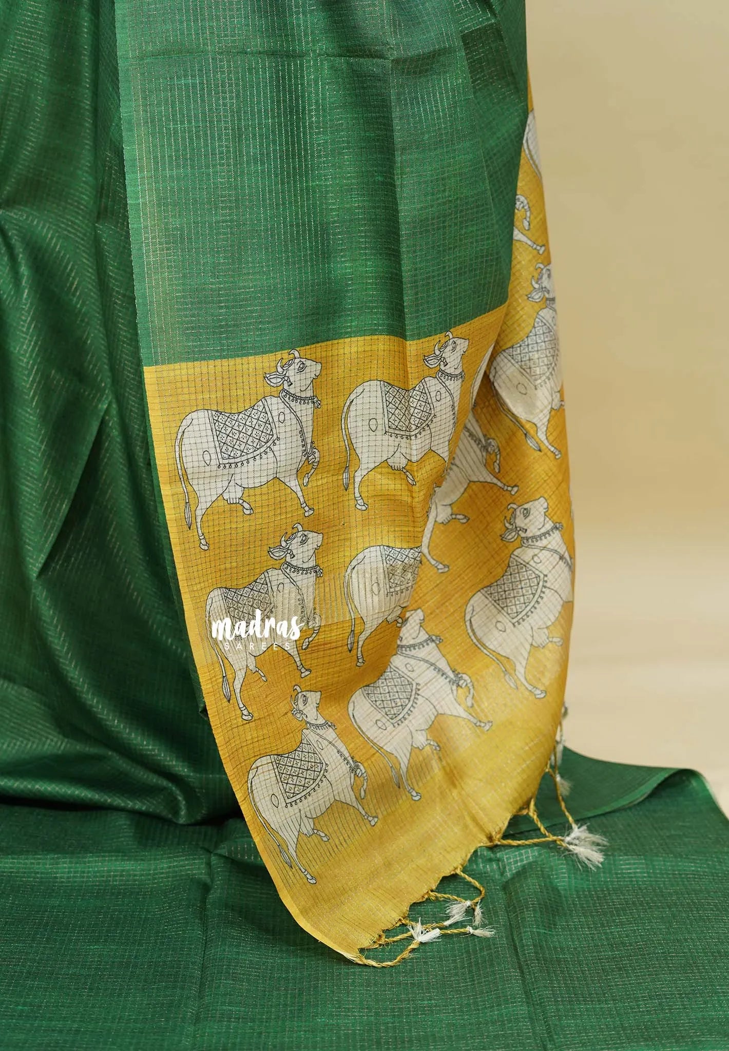 Deep Green - Sundari – Premium Kota Tussar Silk Saree with Pichwai Cow Printed pallu and blouse