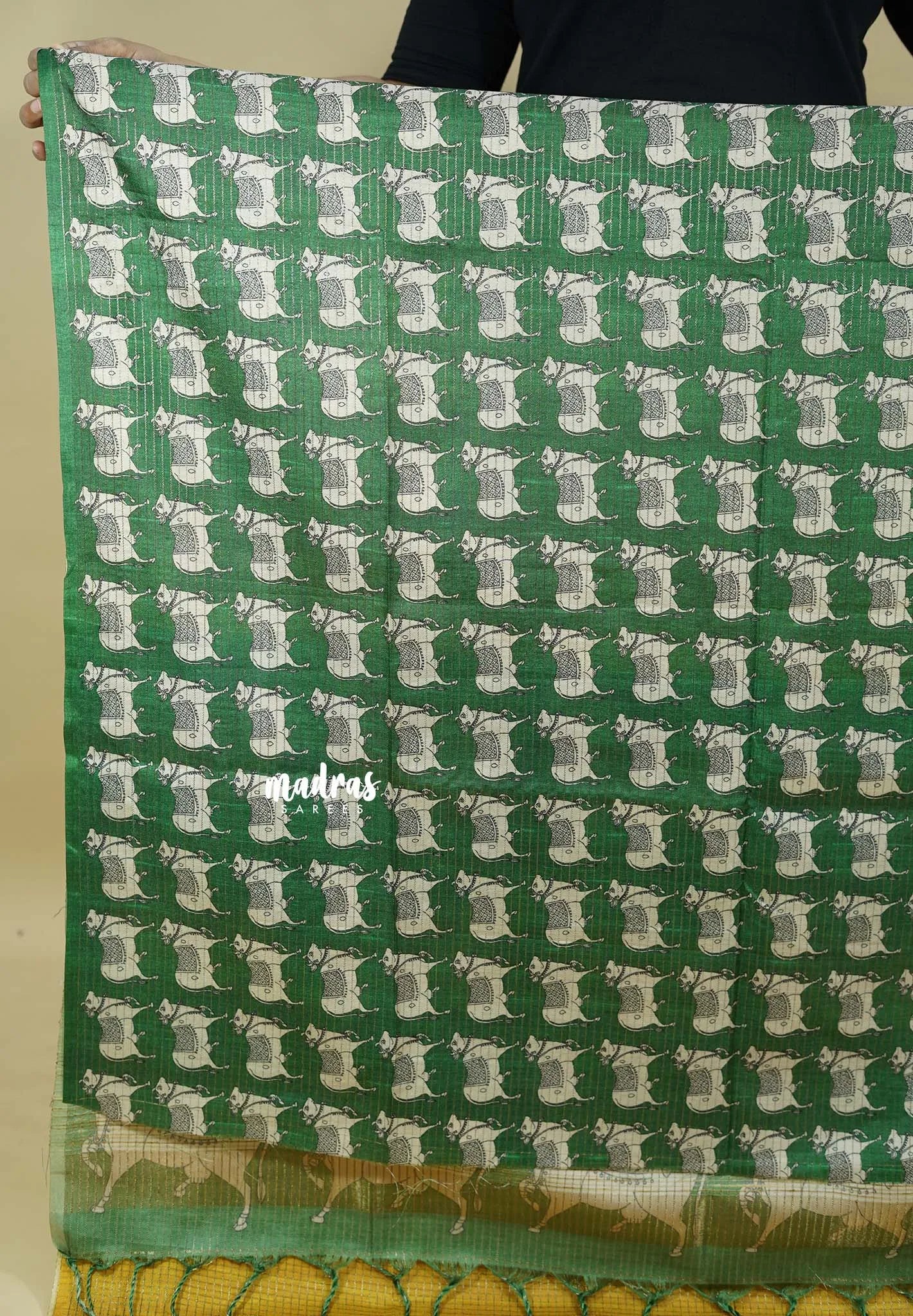 Deep Green - Sundari – Premium Kota Tussar Silk Saree with Pichwai Cow Printed pallu and blouse