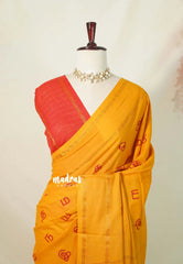 Temple Turmeric Yellow - Subbulakshmi - Sungudi 100 Count Saree Aathini Tamizh Letters Prints with Rettapet Rudraksham Border with Blouse Combo - Best for Casual Wear | Summer Wear | Temple visit