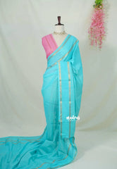 Cyan Blue - Subbulakshmi - Sungudi 100 Count Saree Half anf Half Checks Body with Rettapeta Rudraksham Border with Blouse Combo - Best for Casual Wear | Summer Wear | Temple visit