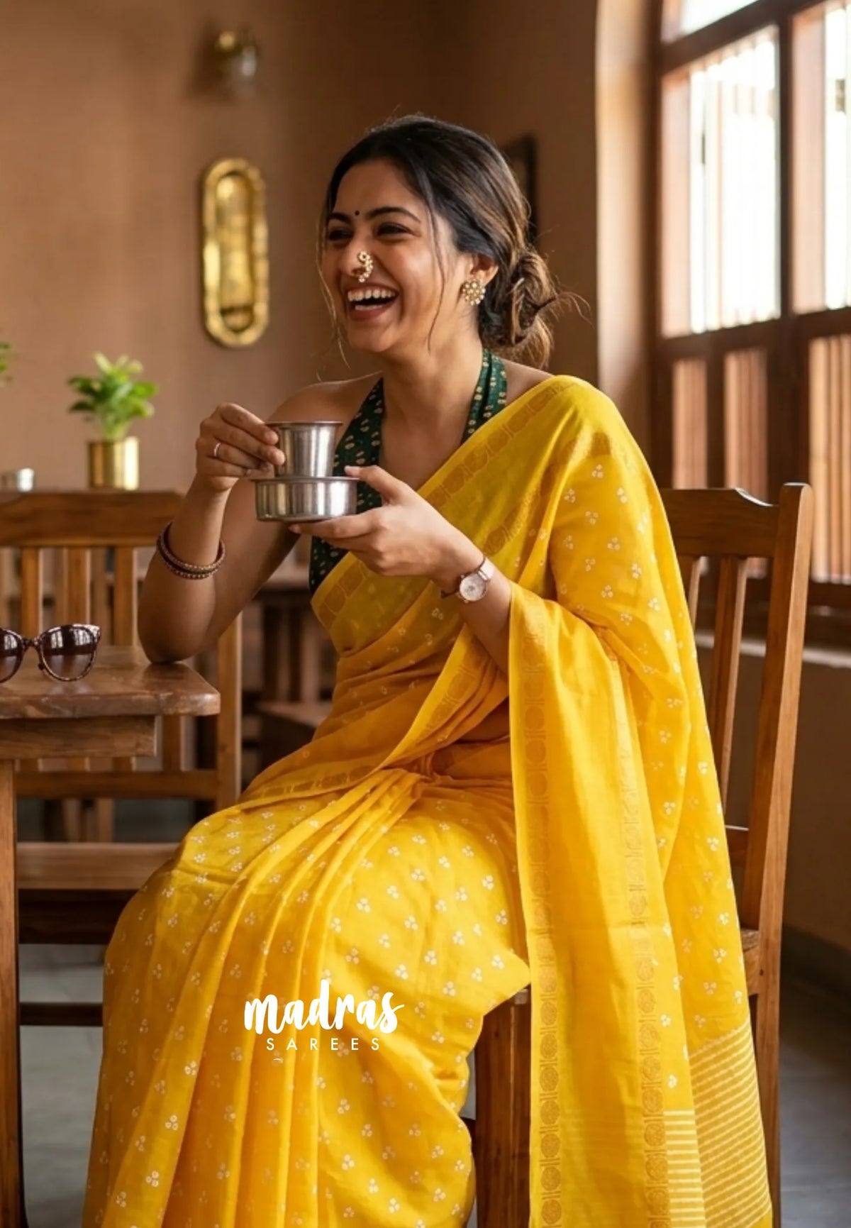 Paris Yellow - Subbulakshmi - Sungudi 100 Count Saree with Rettapetta Rudraksham Border Ayutha ezhuthu Buttas with Blouse Combo - Best for Casual Wear | Summer Wear | School | College | Office wear