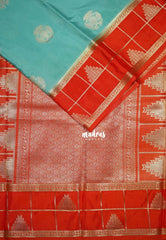Aqua Green - Swara – Grandeur Pure Viscose Saree Silk Gandaberunda Buttas with Classic Temple & Checks Border - Best for Diwali Festive | Wedding Functions