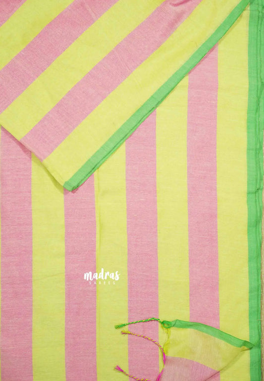 Yellow with Pink - Thaara - Multicolor horizontal stripes khadi