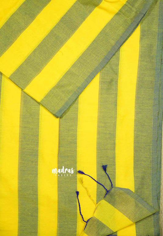 Lime Yellow with Blue - Thaara - Multicolor horizontal stripes khadi