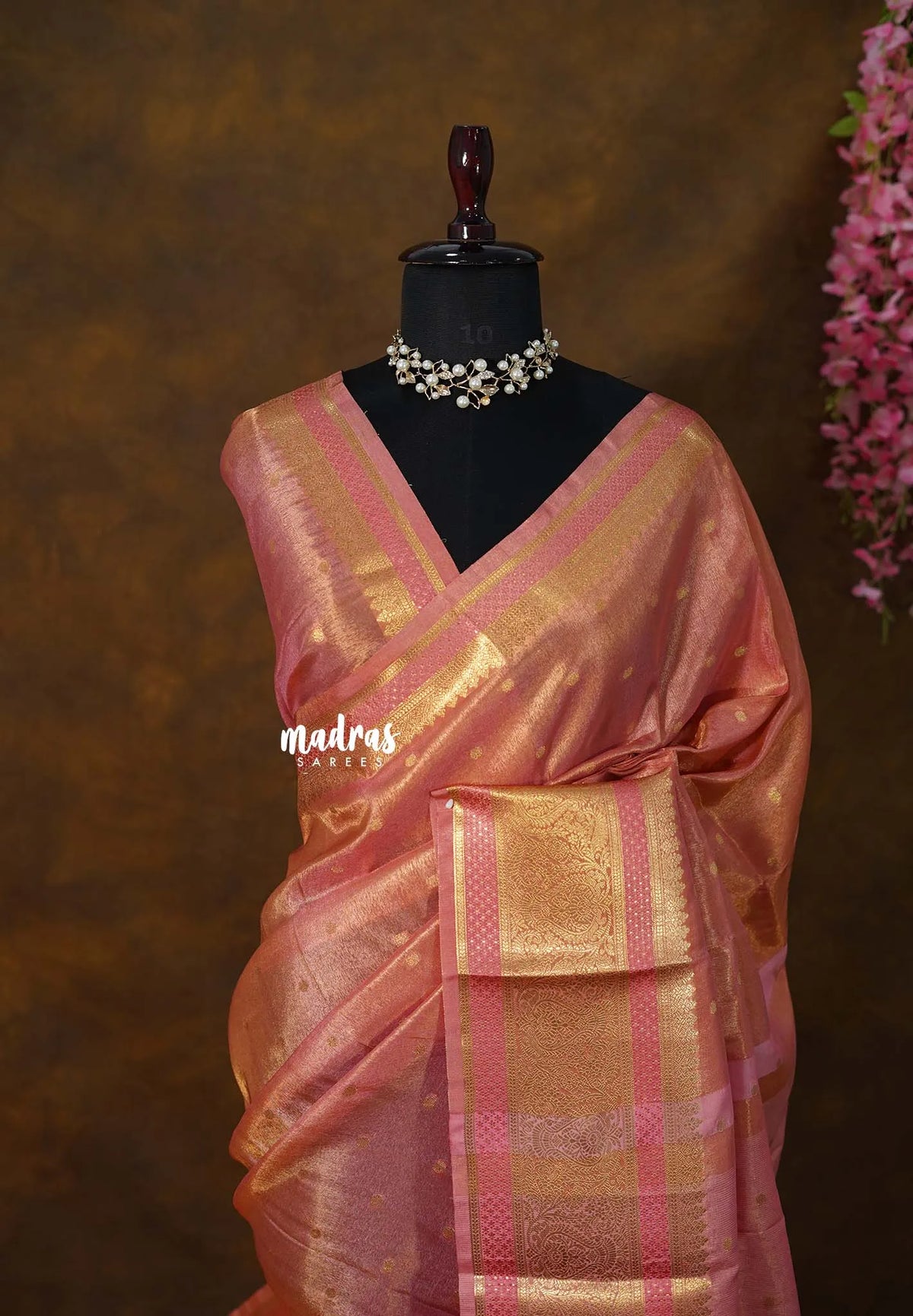 Golden Shade Candle Light Peach - Thendral - Kanchi Soft Tissue Silk Saree with Rich Pallu and Blouse - Perfect for Wedding Functions
