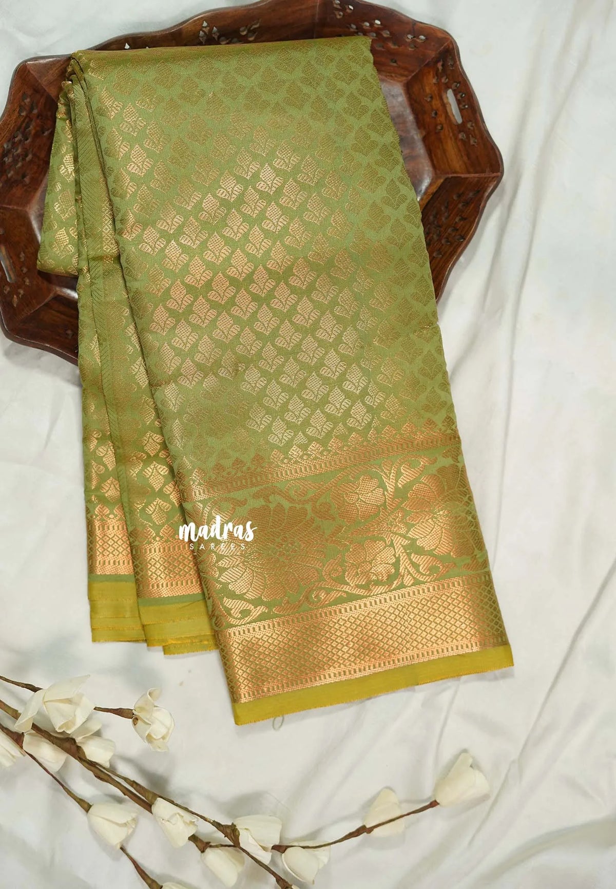 Olive Green - Thendral - Kanchi Semi Silk Full Weaving Body with Grand Pallu and Blouse - Perfect for Wedding Functions