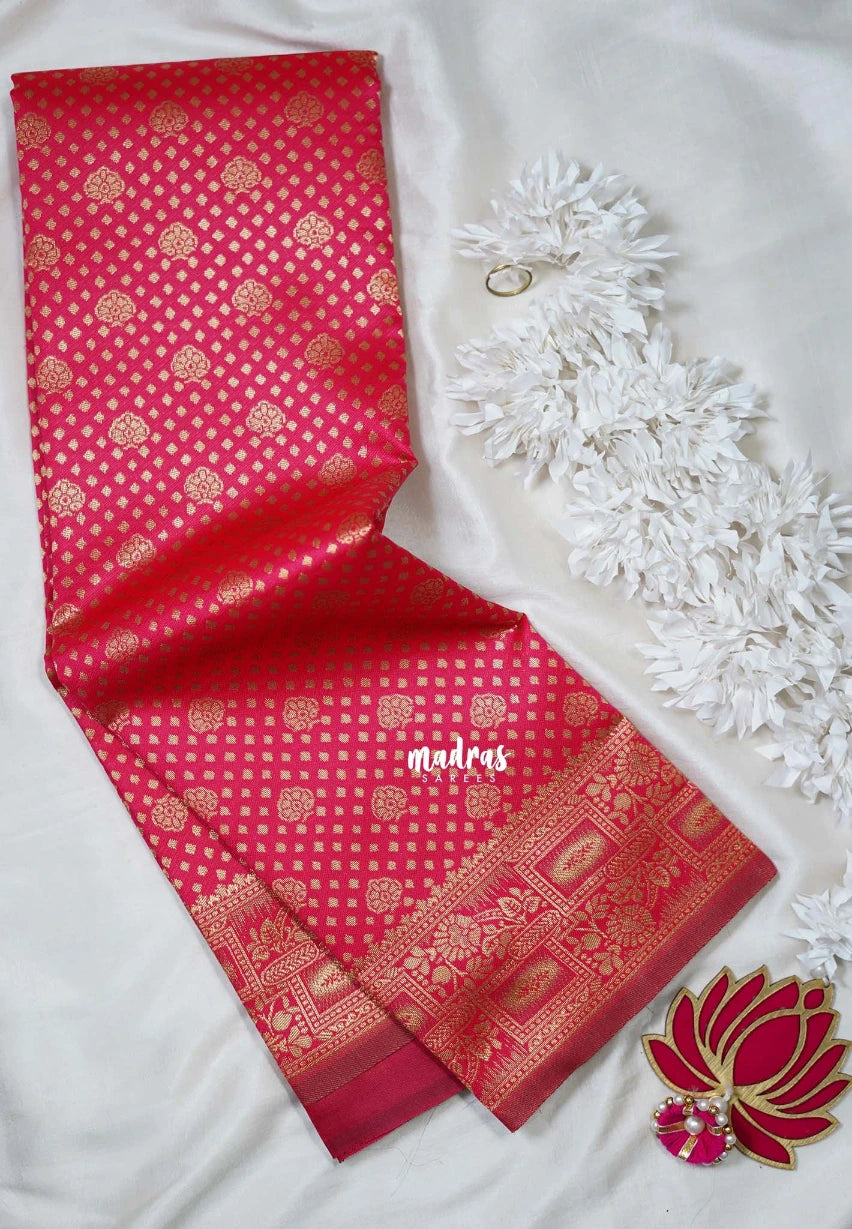 Reddish Pink - Thendral - Kanchi Art Silk Saree with Flower Border and Buttas - Perfect for Wedding Functions