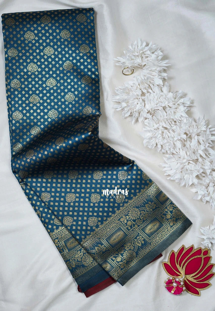 Dark Teal - Thendral - Kanchi Art Silk Saree with Flower Border and Buttas - Perfect for Wedding Functions