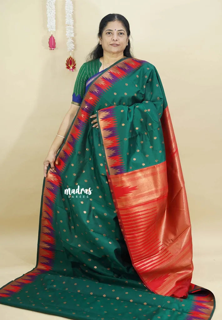 Dark Green - Thendral - kanchi semi silk with meenakari temple Border