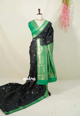 Jet Black with Green - Thendral - Kanchi Semi Silk Saree with Mango Border - Perfect for Wedding Functions