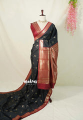 Jet Black with Maroon Red - Thendral - Kanchi Semi Silk Saree with Mango Border - Perfect for Wedding Functions
