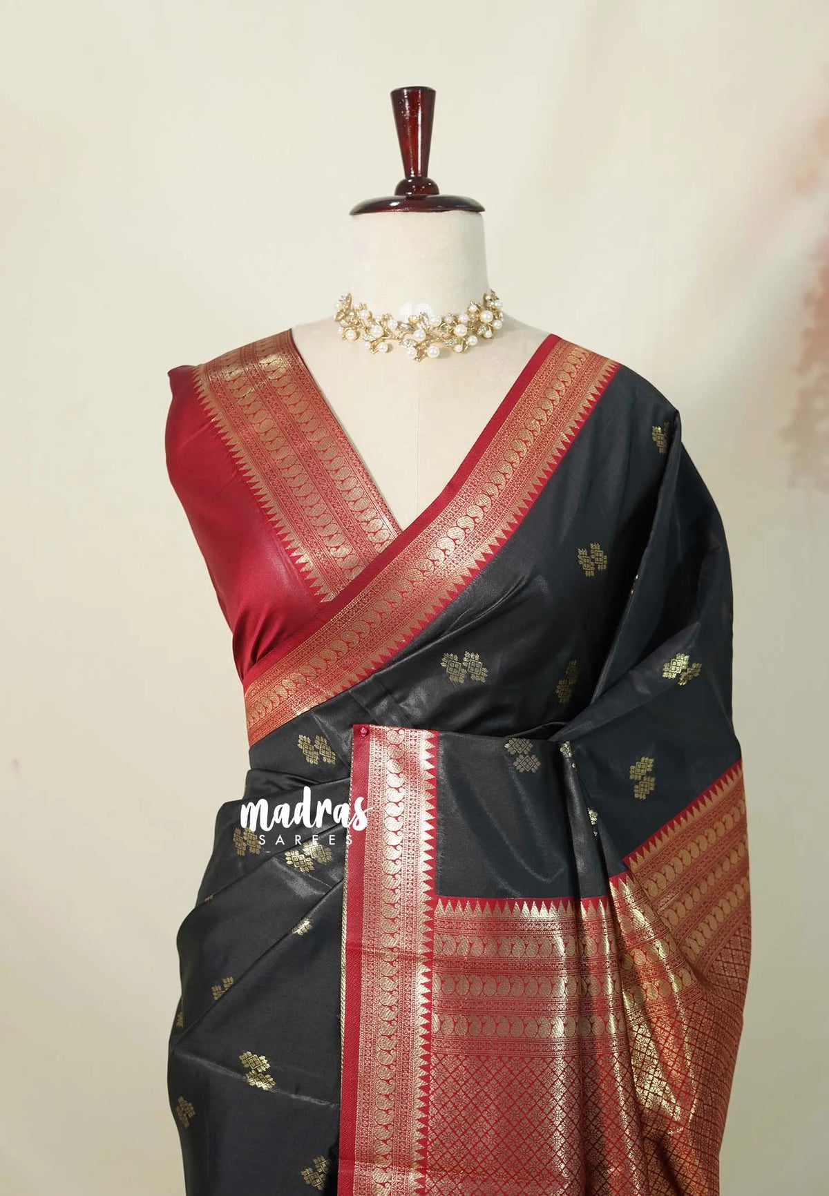 Jet Black with Maroon Red - Thendral - Kanchi Semi Silk Saree with Mango Border - Perfect for Wedding Functions
