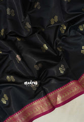 Jet Black with Pink - Thendral - Kanchi Semi Silk Saree with Mango Border - Perfect for Wedding Functions