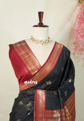 Jet Black with Maroon Red - Thendral - Kanchi Semi Silk Saree with Mango Border - Perfect for Wedding Functions