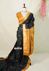Jet Black with Mustard - Thendral - Kanchi Semi Silk Saree with Mango Border - Perfect for Wedding Functions