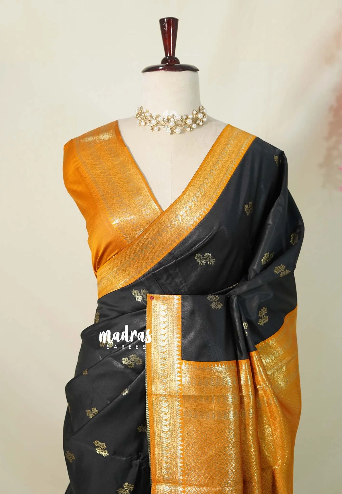 Jet Black with Mustard - Thendral - Kanchi Semi Silk Saree with Mango Border - Perfect for Wedding Functions