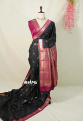 Jet Black with Pink - Thendral - Kanchi Semi Silk Saree with Mango Border - Perfect for Wedding Functions