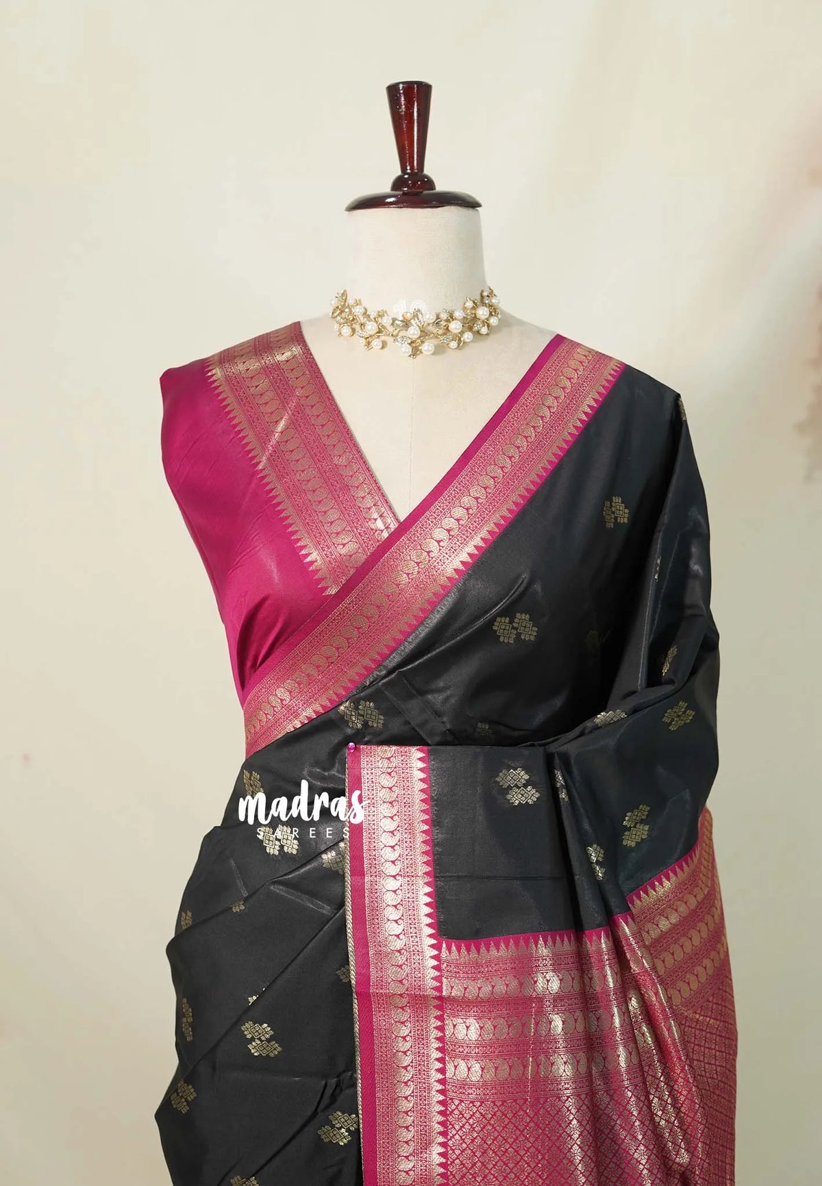 Jet Black with Pink - Thendral - Kanchi Semi Silk Saree with Mango Border - Perfect for Wedding Functions