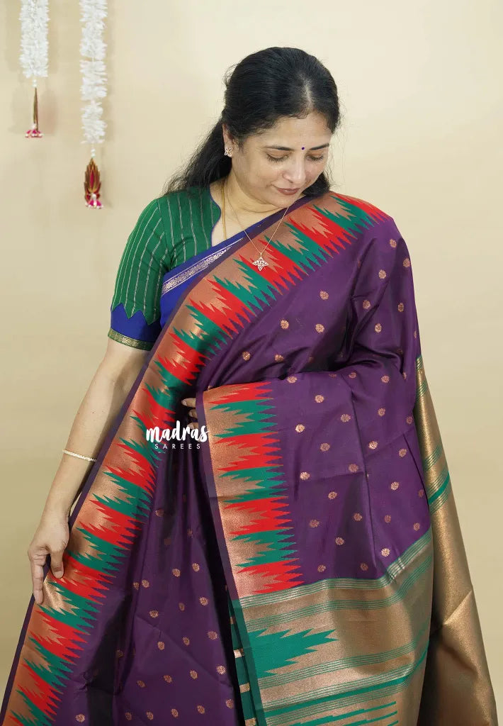 Royal Purple - Thendral - kanchi semi silk with meenakari temple Border