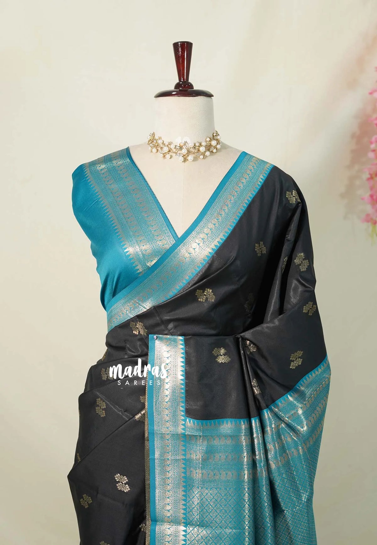 Jet Black with Blue - Thendral - Kanchi Semi Silk Saree with Mango Border - Perfect for Wedding Functions
