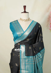 Jet Black with Blue - Thendral - Kanchi Semi Silk Saree with Mango Border - Perfect for Wedding Functions