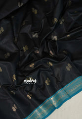 Jet Black with Blue - Thendral - Kanchi Semi Silk Saree with Mango Border - Perfect for Wedding Functions