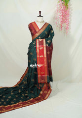 Midnight Green - Thendral - Kanchi Semi Silk Saree with Rettapet Border and Buttas - Perfect for Wedding Functions