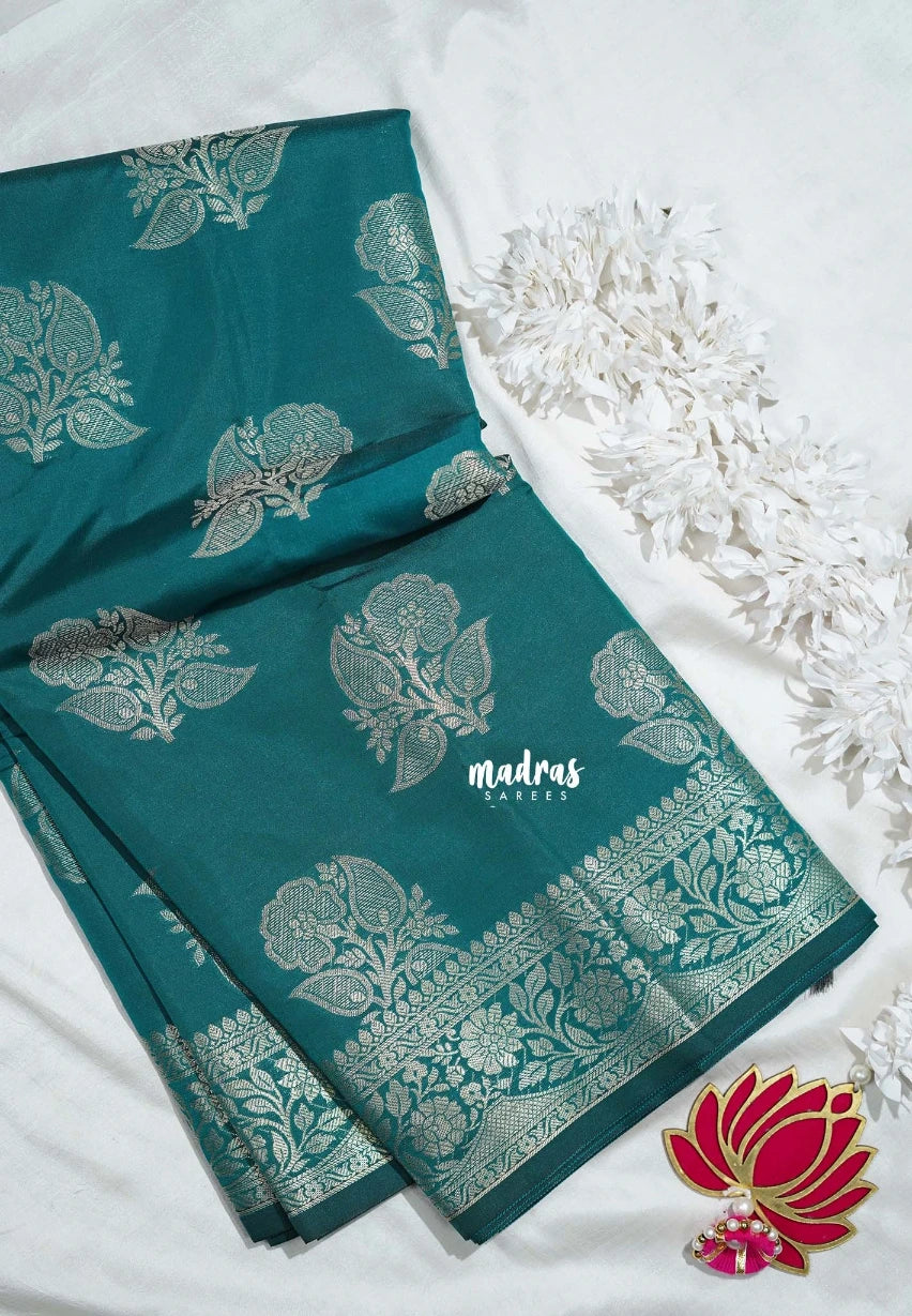 Teal Glow - Thendral - Kanchi Semi Silk Flower Border with Buttas - Best for Pooja Functions | Diwali Festive