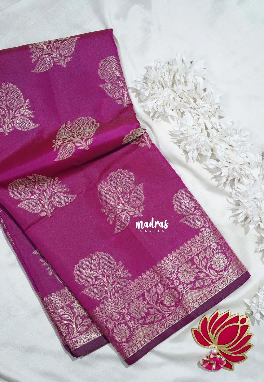 Magenta Pink - Thendral - Kanchi Semi Silk Flower Border with Buttas - Best for Pooja Functions | Diwali Festive