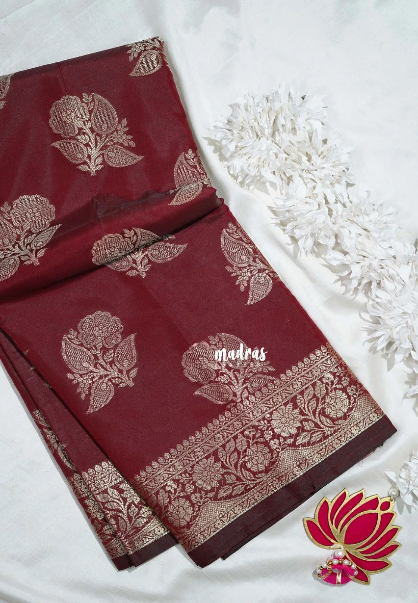 Araku Maroon - Thendral - Kanchi Semi Silk Flower Border with Buttas - Best for Pooja Functions | Diwali Festive