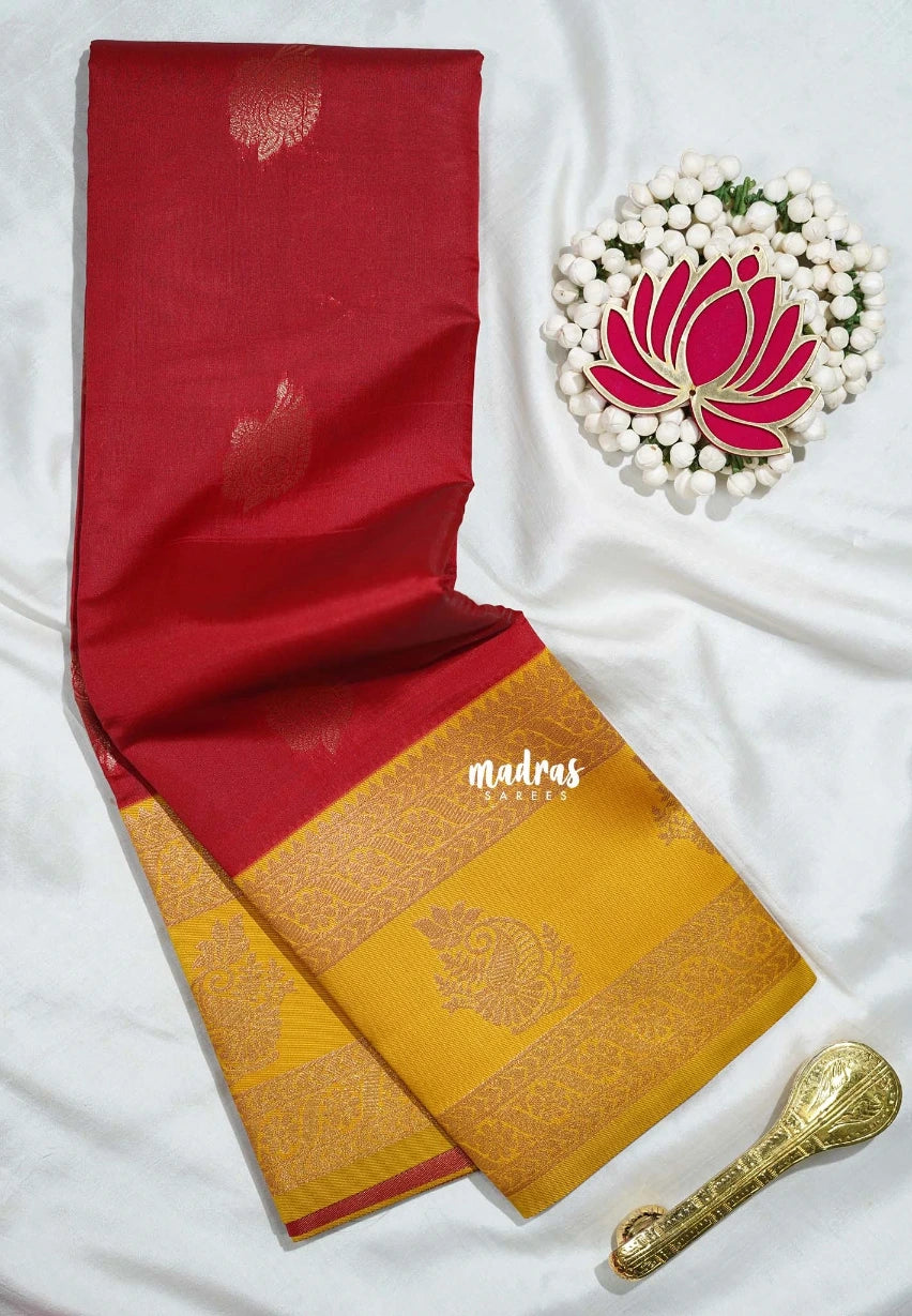 Chilli Red with Yellow - Thendral - Kanchi Semi Silk Flower Border with Contrast Pallu and Blouse - Best for Pooja Functions | Diwali Festive
