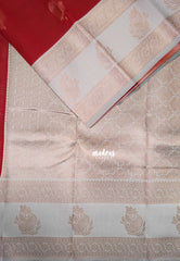 Chilli Red with Cream Grey- Thendral - Kanchi Semi Silk Flower Border with Contrast Pallu and Blouse - Best for Pooja Functions | Diwali Festive
