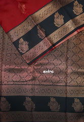 Chilli Red with Black - Thendral - Kanchi Semi Silk Flower Border with Contrast Pallu and Blouse - Best for Pooja Functions | Diwali Festive