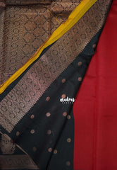 Chilli Red with Black - Thendral - Kanchi Semi Silk Flower Border with Contrast Pallu and Blouse - Best for Pooja Functions | Diwali Festive