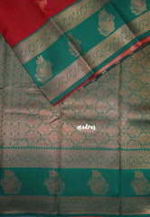 Chilli Red with Green - Thendral - Kanchi Semi Silk Flower Border with Contrast Pallu and Blouse - Best for Pooja Functions | Diwali Festive