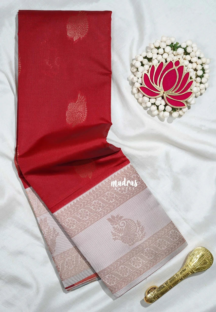 Chilli Red with Cream Grey- Thendral - Kanchi Semi Silk Flower Border with Contrast Pallu and Blouse - Best for Pooja Functions | Diwali Festive