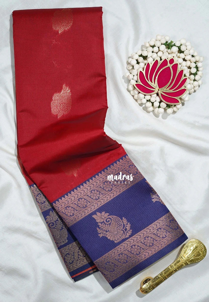 Chilli Red with Blue - Thendral - Kanchi Semi Silk Flower Border with Contrast Pallu and Blouse - Best for Pooja Functions | Diwali Festive