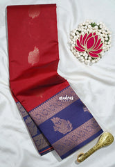 Chilli Red with Blue - Thendral - Kanchi Semi Silk Flower Border with Contrast Pallu and Blouse - Best for Pooja Functions | Diwali Festive