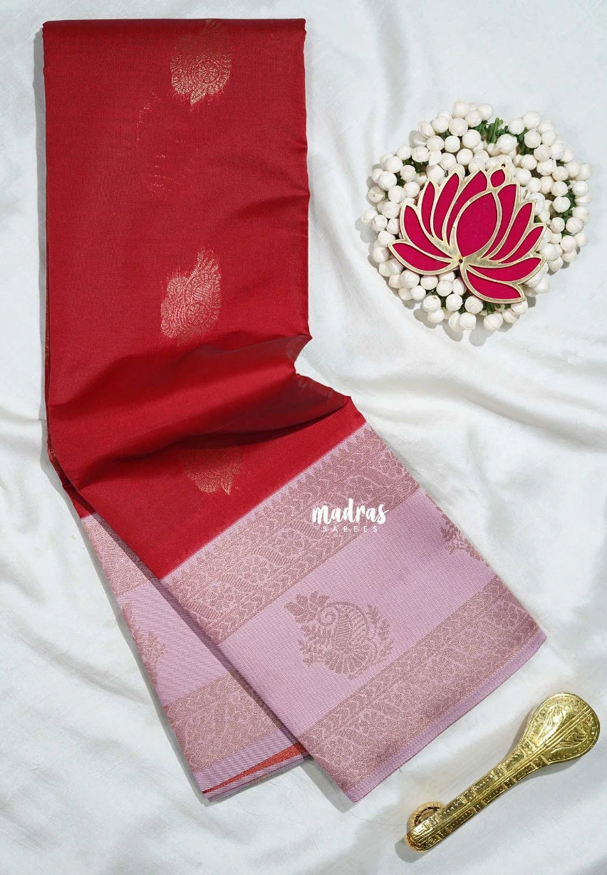Chilli Red with Pink - Thendral - Kanchi Semi Silk Flower Border with Contrast Pallu and Blouse - Best for Pooja Functions | Diwali Festive