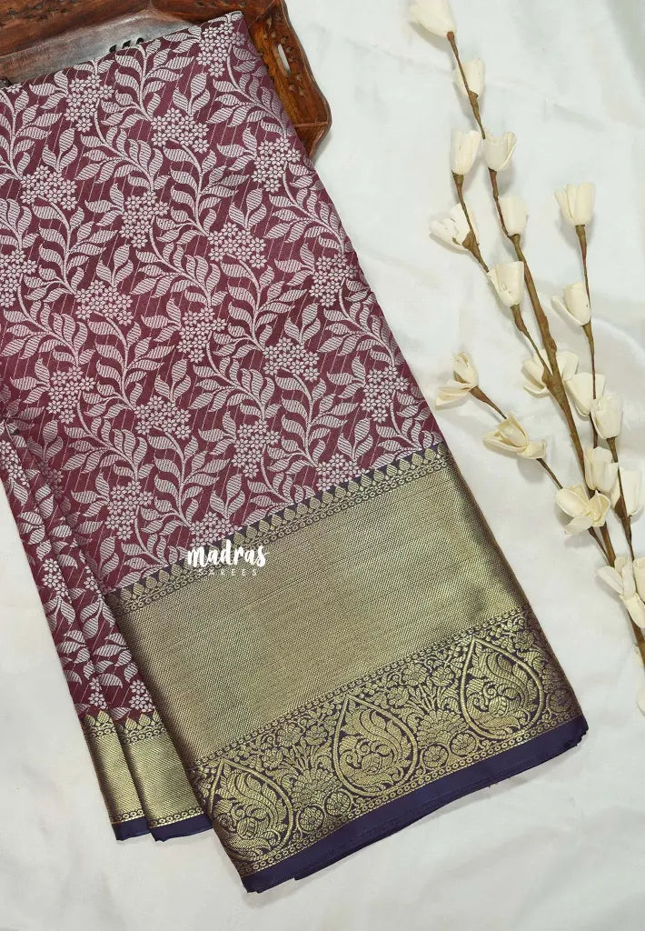 Wine brown - Thendral - Kanchi semi silk with thread weaving body with zari border - Perfect for Wedding Functions
