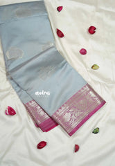 Steel Grey - Thendral - Kanchi Semi Soft Silk Contrast Pallu and Blouse Design 2 - Best for Small Functions